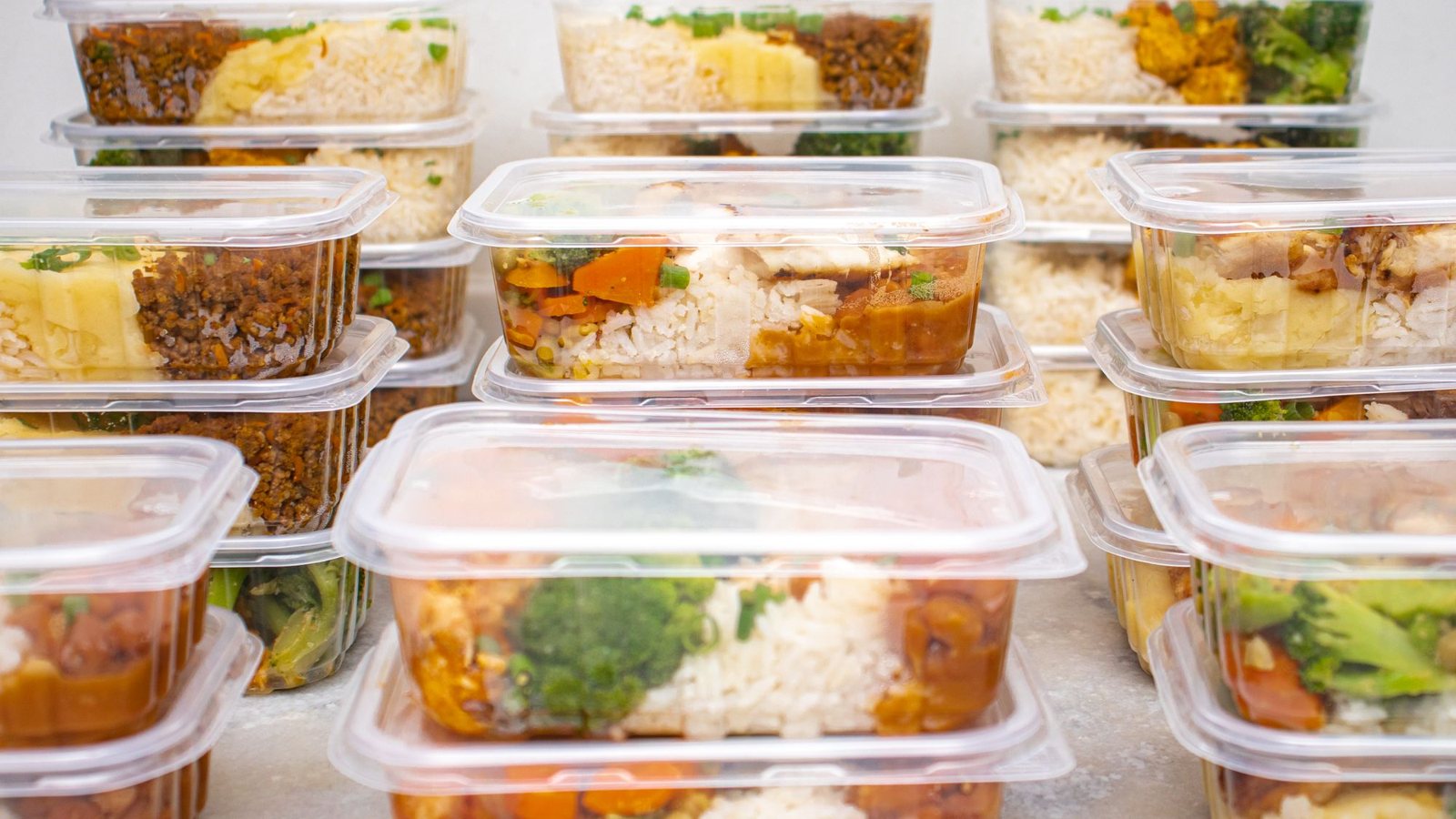 Boîtes de plats faits maison empilées, prêtes à congeler